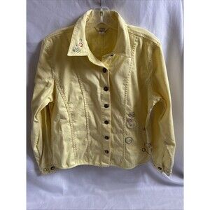 Christopher&Banks Women Denim Jacket Medium Yellow Embroidered Button Up Cotton